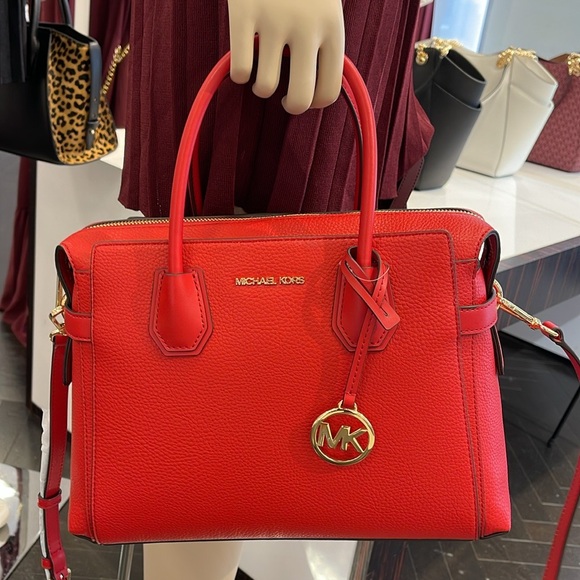 Michael Kors Mercer Medium Top-Zip Belted Satchel Crossbody Purse 
BRIGHT RED
NW - Picture 8 of 16